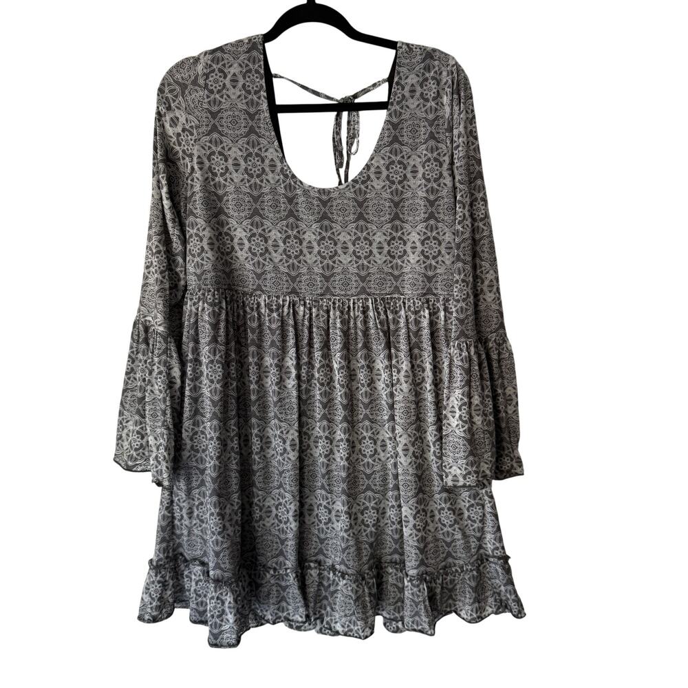 Sea‎ Gypsies Dress Womens Medium Long Sleeve Boho Mini Ruffle Hem Tie Back